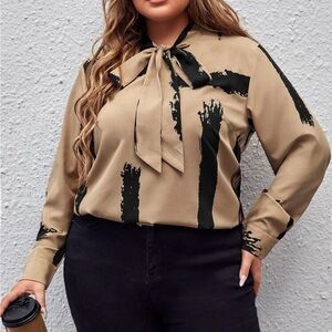 Plus Size Neck Tie Long Sleeve Blouse